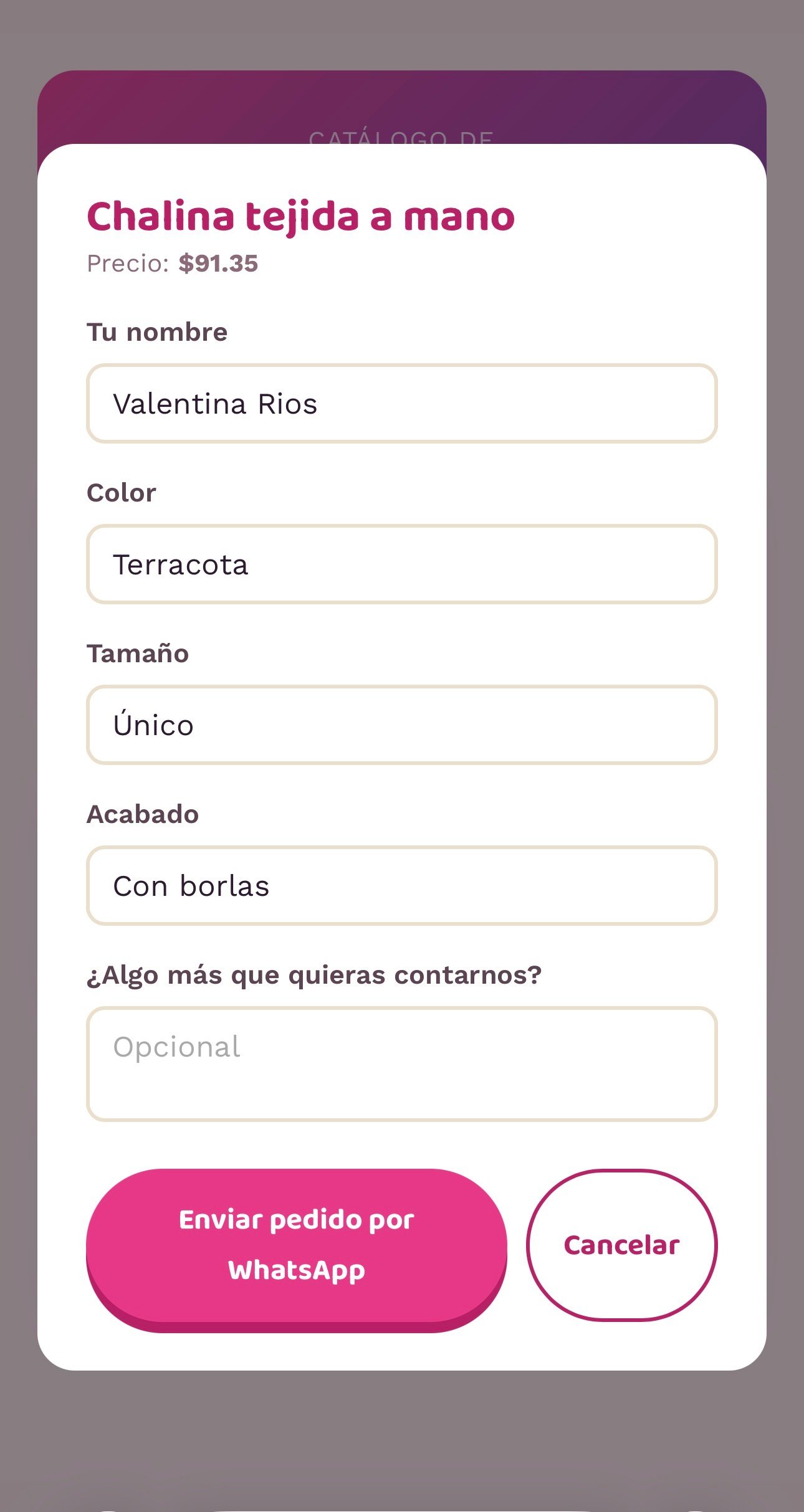 Formulario de pedido de Hecho y Cobrado, mostrando el producto, precio y campos personalizados
