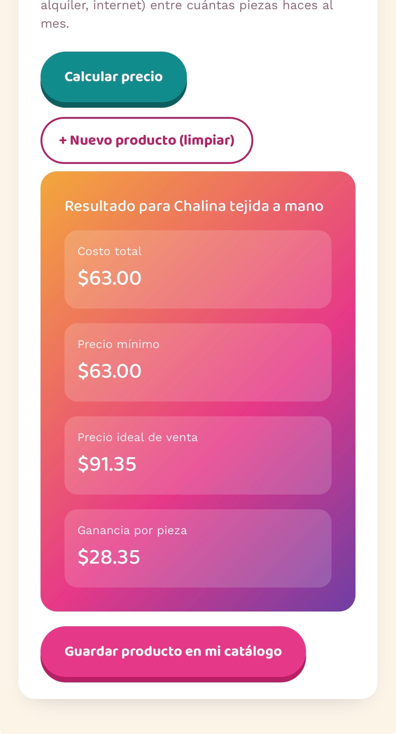 Resultado del cálculo de precio: costo total, precio mínimo, precio ideal de venta y ganancia por pieza
